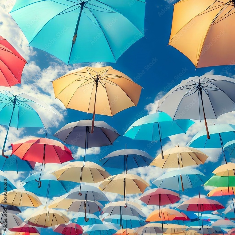 Floating Umbrella Filled Blue Sky with Some Cumulonimbus Clouds on a Sunny Day, Street Decoration, Background Image, Colorful Orange, Yellow, Red, Pink, Beige Brown, Indigo Purple Coral, Generative AI