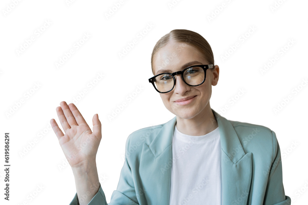 Freelancer woman portrait looks into the camera with glasses shows a hello gesture. Transparent background, png. Freelancer woman portrait looks into the camera with glasses shows a hello gesture. Transparent background, png.