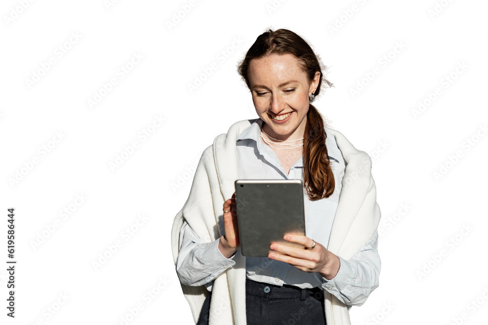 A female assistant employee is using a tablet smiling in formal attire working in an office. Transparent background, png. A female assistant employee is using a tablet smiling in formal attire working in an office. Transparent background, png.
