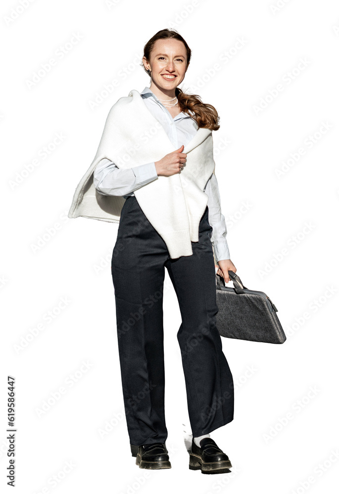 Full-height freelancer a woman goes to work in the office in formal attire. Transparent background, png. Full-height freelancer a woman goes to work in the office in formal attire. Transparent background, png.