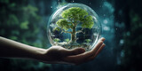 Earth crystal glass globe ball and tree in robot hand saving the environment, save a clean planet, ecology concept. technology