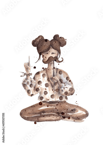 Fototapeta Naklejka Na Ścianę i Meble -  A girl in a lotus position tries on a carnival mask. Isolated illustration in splashes of coffee
