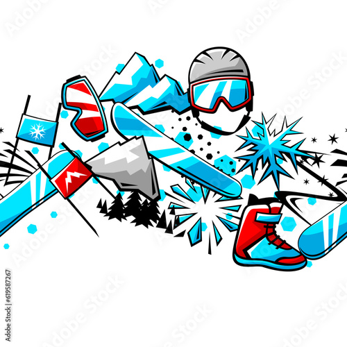 Pattern with snowboarding items. Winter sport illustration.