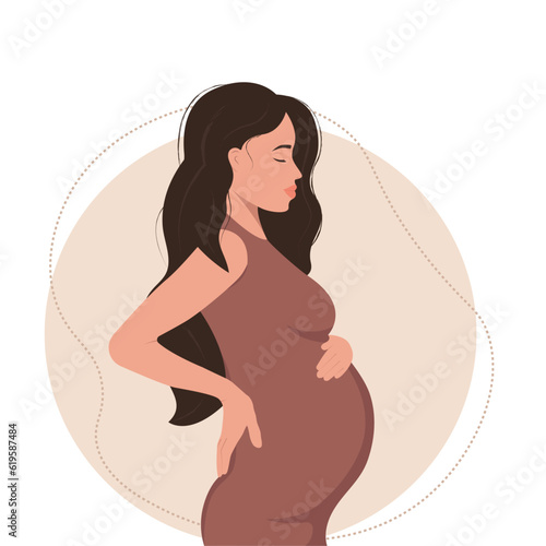 Side view of a pregnant woman. Pregnancy in modern graphic style. Abstract design for maternity poster, banner. Vector illustration isolated on white background.