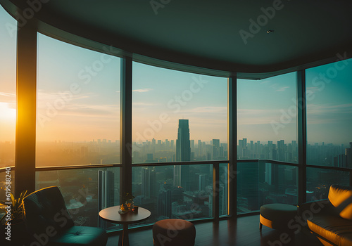 blick aus wolkenkratzer hochhaus büro loft business center ausscihtsplattform über den dächern new york tokio berlin skyscraper business büro penthouse fiktiv generative ki ai 