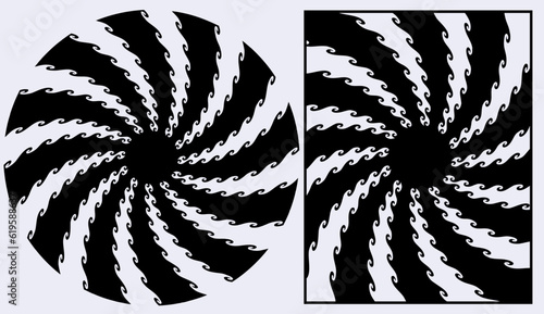 A graphic swirling sunburst design with wavy rays; Retro psychedelic art resource.