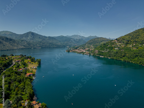 Beautiful panoramic aerial view from a drone of Orta San Giulia - the famous Italian city on the shores of Lake Orta.