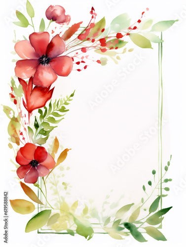 Watercolor frame with red flowers on white background with copy space inside. Ai generated