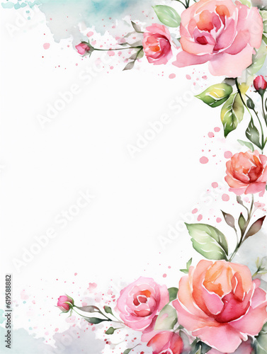 Watercolor frame with pink flowers on white background with copy space inside. Ai generated