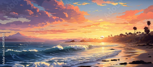 Ocean beach illustration of summer tropical shore with beautifull sky  © Photo And Art Panda