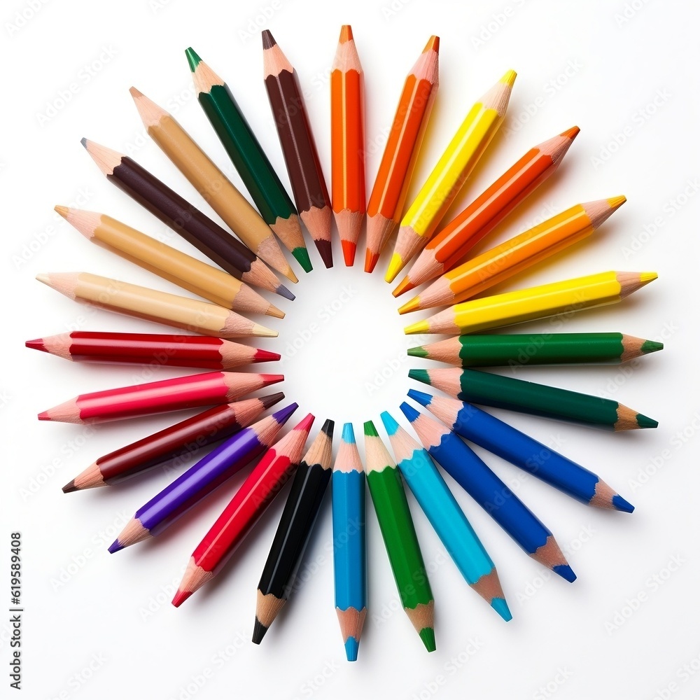 Colorful pencils in a circle with a white background, Back to school ,Generative AI Colorful pencils in a circle with a white background, Back to school ,Generative AI