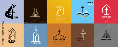 Big set Cross logo design template or logo for christian church. Church logo. Collection of Christian symbols. The Cross of Jesus, the fire of the Holy Spirit and the dove. Vector illustration