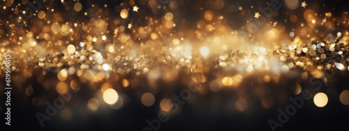 Festive celebration holiday christmas, new year, new year's eve background banner template - Abstract gold glitter bokeh lights texture, de-focused (Generative Ai)