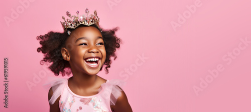Cute Young Girl Dressed as a Princess for Halloween on an Pink Banner with Space for Copy