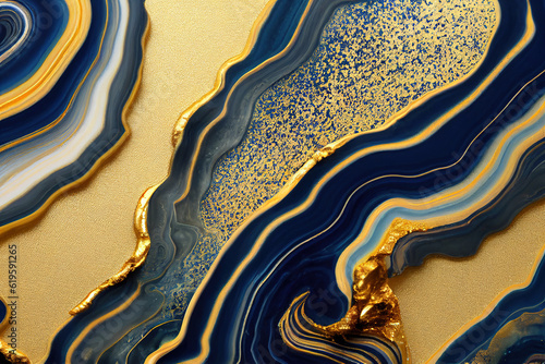 Blue and golden acrylic liquid ink swirl abstract background with ravishing turbulence wavy pattern and detailed texture. Luxury fluid liquid art by Generative AI.