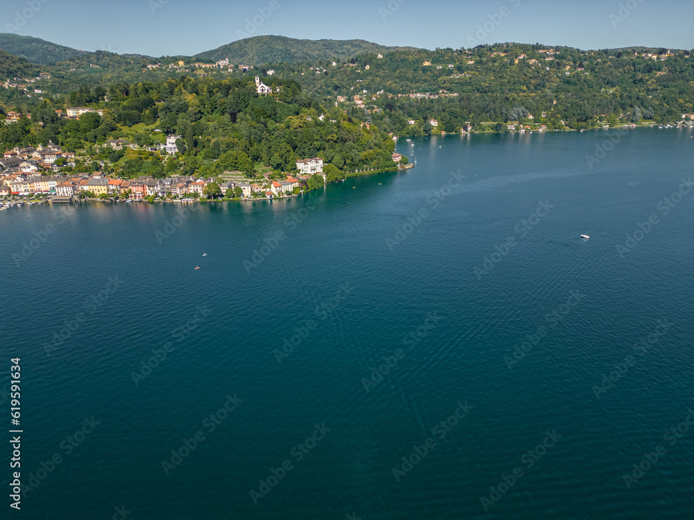 Beautiful landscape of Lake Orta from a drone