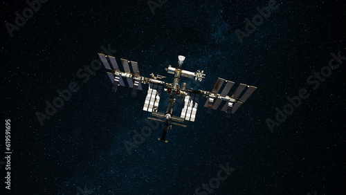 Fototapeta Naklejka Na Ścianę i Meble -  ISS space station flies in starry space and explores deep space. Space mission and ISS.