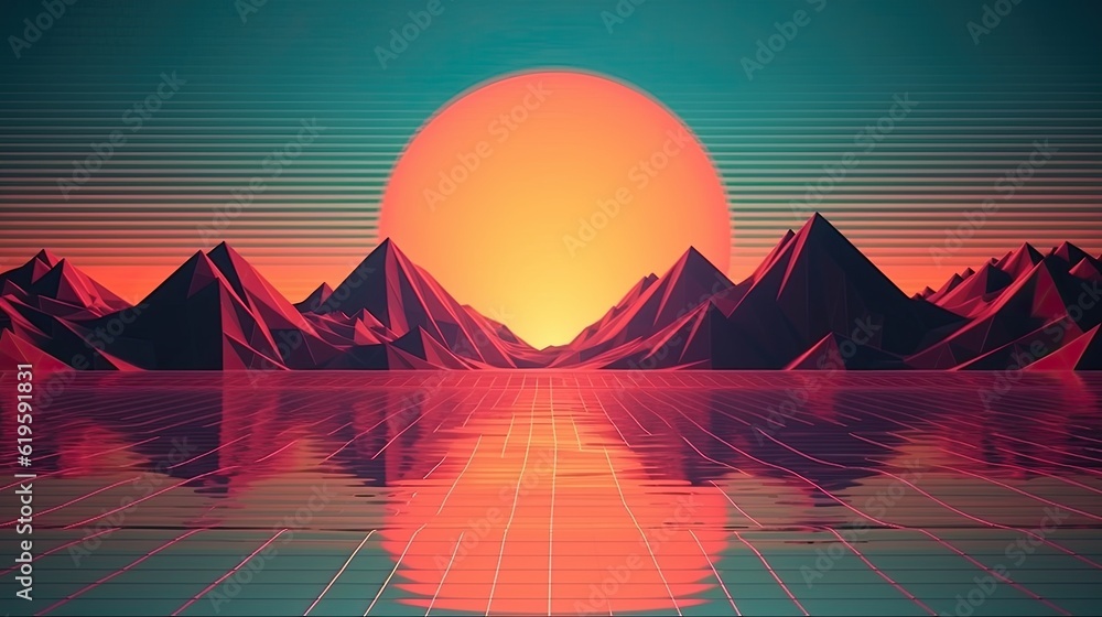 disco style party comics illustration of bright orange sunset on the beach. Blue montain, viollet palm, sun reflection on the sea.Ai generated