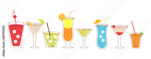 Set of cocktails. Set of different types of drinks. Flat vector illustration isolated on white background.