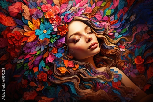 woman lying in hundreds of flowers with her eyes closed - colorful illustration