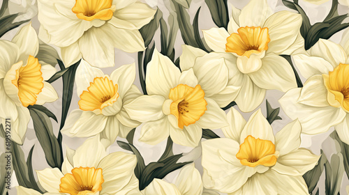 Daffodil flowers watercolor fabric background.