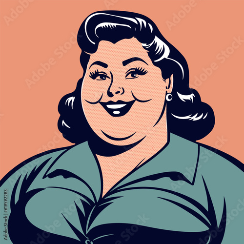 retro cartoon illustration of a beautiful hand happy plus size woman