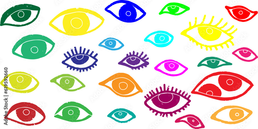 Eyes. Vector set of colored design elements, hand drawn in linocut style, minimalism, scandinavian style, graphic.
