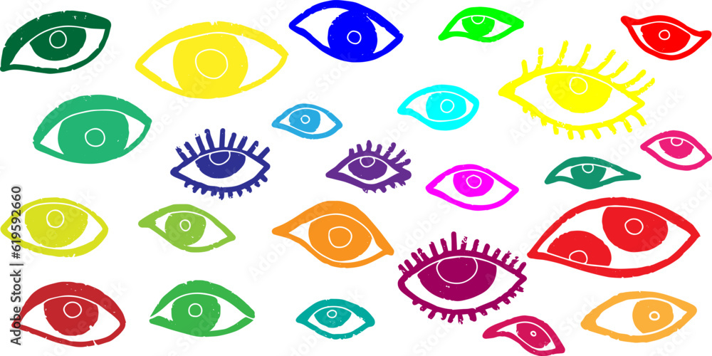 Obraz premium Eyes. Vector set of colored design elements, hand drawn in linocut style, minimalism, scandinavian style, graphic.
