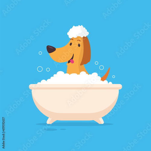 Cute happy dog/puppy taking a bath vector flat illustration