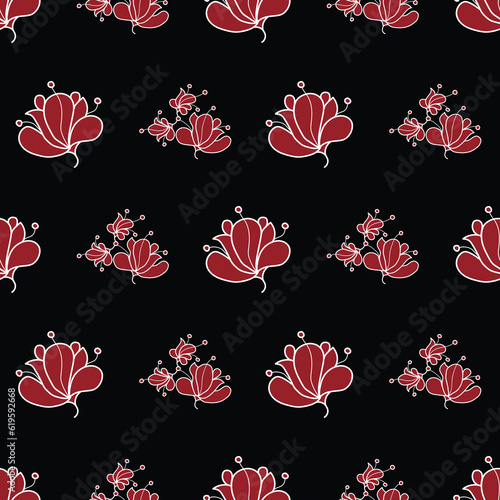 
seamless repeat pattern with beautiful red floral motifs whit white outlines on a black ground perfect for fabric, scrap booking, wallpaper, gift wrap projects

