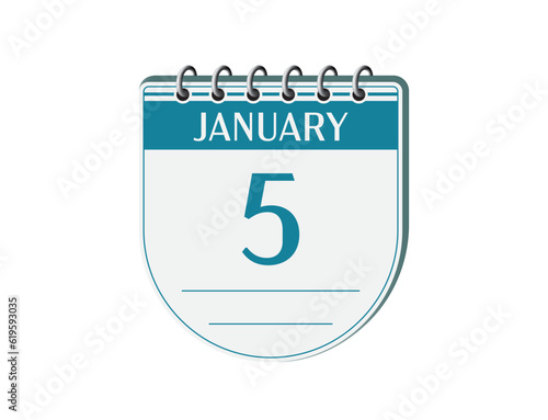 5 january round retro events calendar page vector. Old style calendar, date appointment, schedule, business planner, event reminder illustration. Abstract three dimensional vintage style calendar. 