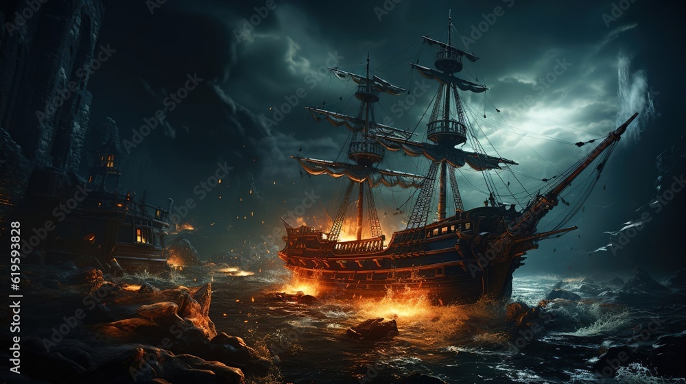 Obraz premium Pirate horror ghost ship in middle of ocean,dark night. Created with generative AI.