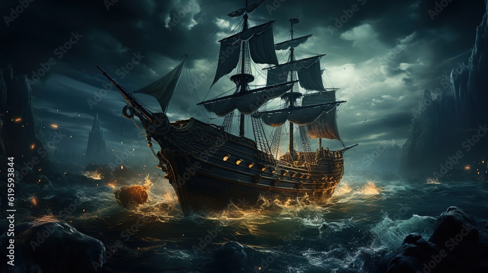 Pirate horror ghost ship in middle of ocean,dark night. Created with generative AI. Pirate horror ghost ship in middle of ocean,dark night. Created with generative AI.