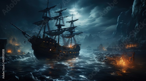 Pirate horror ghost ship in middle of ocean,dark night. Created with generative AI.