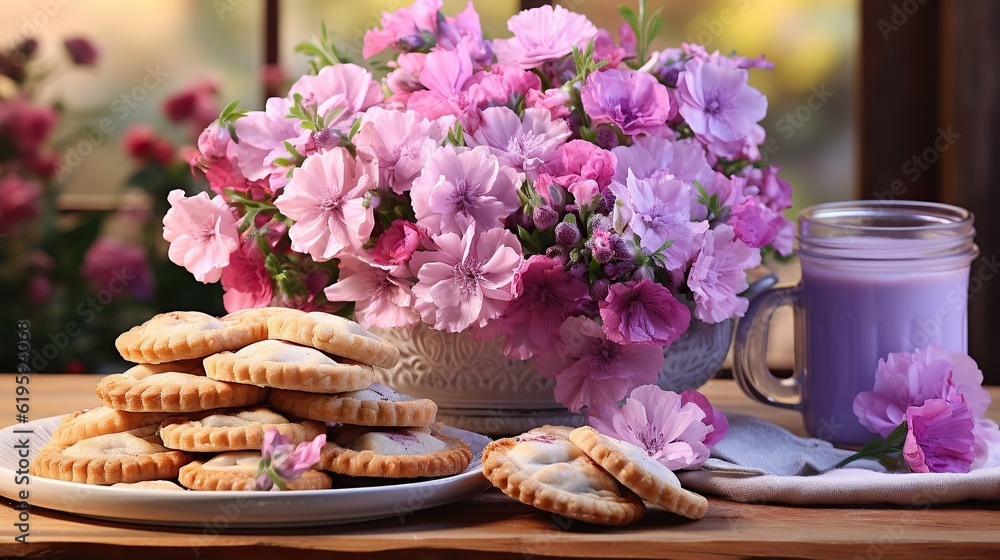 Pies and a bouquet of petunias on a wooden table AI, Generative AI, Generative
