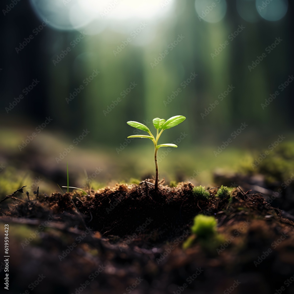 From the ground, a vibrant sprout emerges, embraced by a sunlit forest's hazy scenery. Nature's beauty and resilience take center stage. From the ground, a vibrant sprout emerges, embraced by a sunlit forest's hazy scenery. Nature's beauty and resilience take center stage.