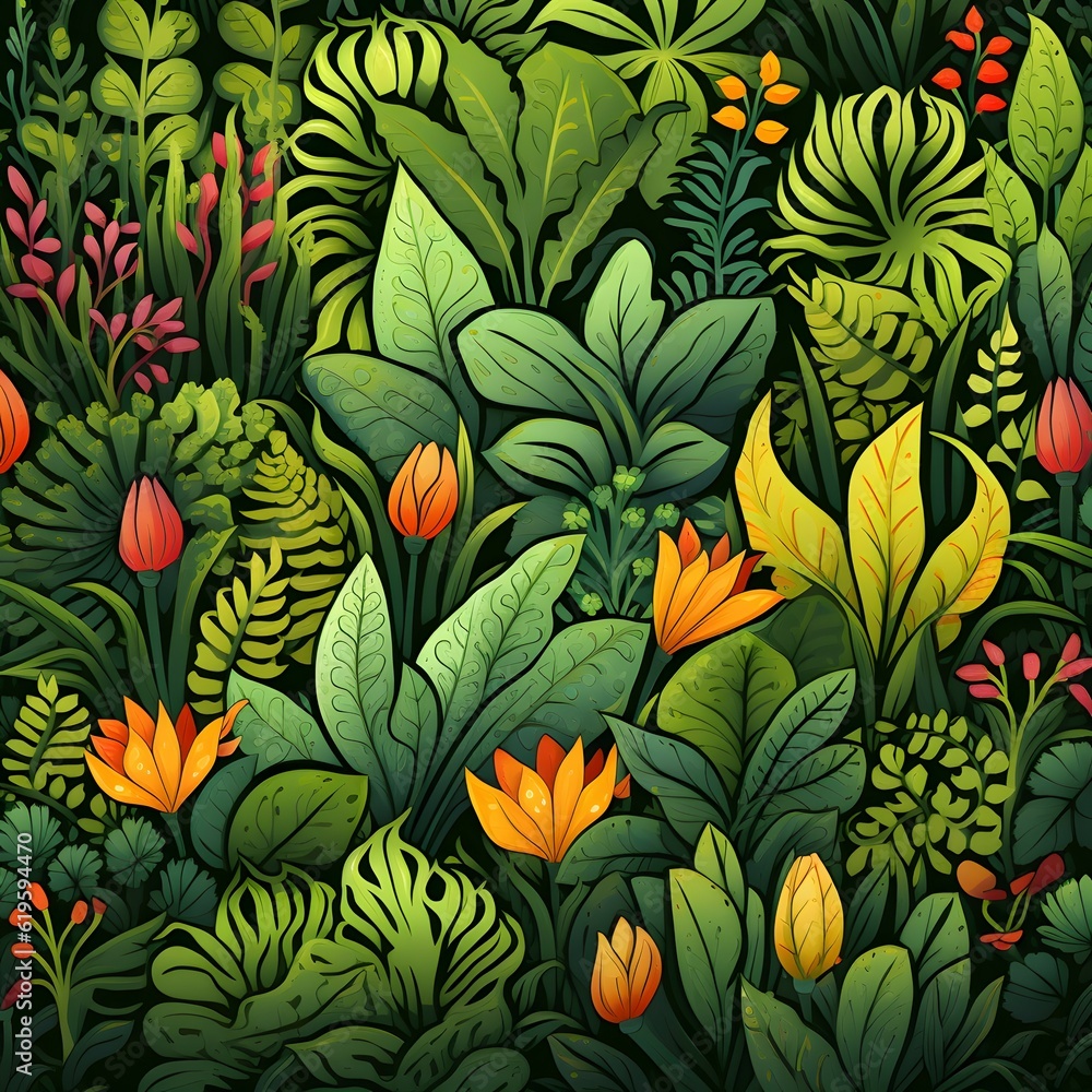 Experience the joy of a colorful illustration teeming with a kaleidoscope of vibrant plants. Let the artwork transport you to a whimsical and enchanting botanical realm. - generative ai Experience the joy of a colorful illustration teeming with a kaleidoscope of vibrant plants. Let the artwork transport you to a whimsical and enchanting botanical realm. - generative ai