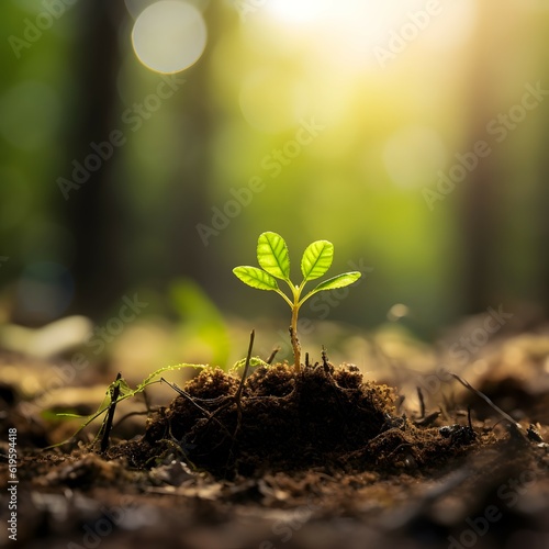 Ein zartes grünes Pflänzchen erscheint in einem sonnenbeschienenen Wald. Der verschwommene Hintergrund fängt den Zauber des Neubeginns ein.