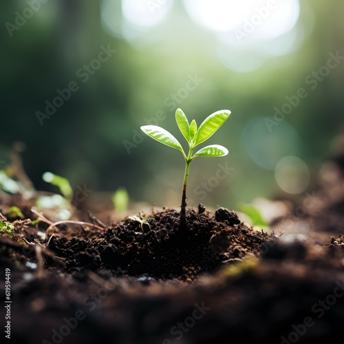 In einem sonnigen Wald bricht ein kleiner grüner Trieb durch den Boden. Der verschwommene Hintergrund schafft eine friedliche Kulisse für das Erwachen der Natur.
