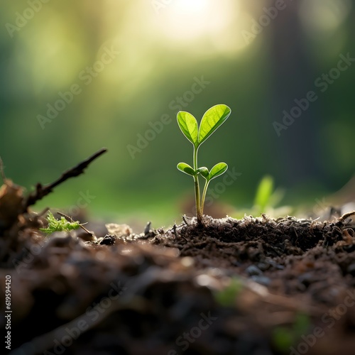 Ein kleiner grüner Spross erscheint, umgeben von einem verschwommenen Hintergrund in einem sonnigen Wald. Die Natur verspricht Wachstum und Erneuerung.