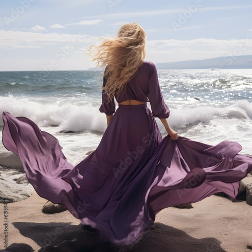 In her lila summer dress, a blonde of remarkable grace stands on the beach, fully immersed in the beauty of the ocean. Back is turned.