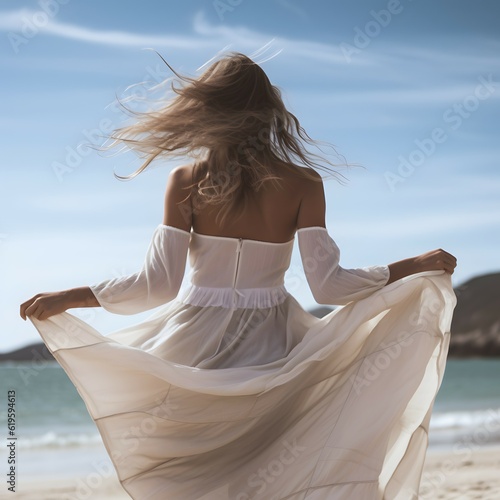 In her white summer dress, a blonde of remarkable grace stands on the beach, fully immersed in the beauty of the ocean. Backs turned.