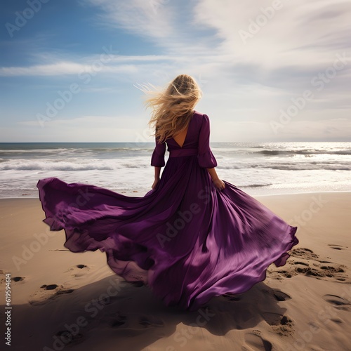 Standing on the beach, a blonde of exquisite beauty, clad in a lila summer dress, revels in the panoramic ocean view. Backs turned.