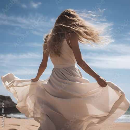 In her white summer dress, a blonde of remarkable grace stands on the beach, fully immersed in the beauty of the ocean. Backs turned.