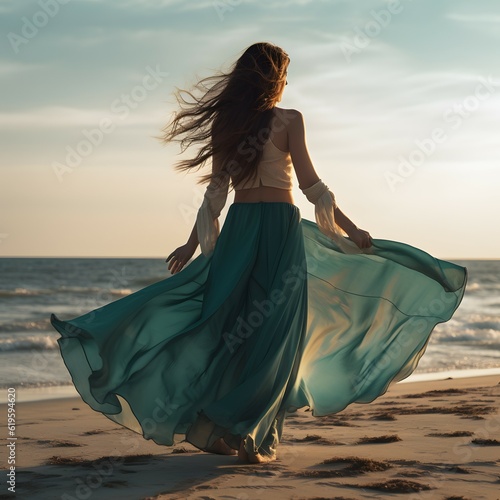 On the beach, a striking brunette stands in a green summer dress, her graceful figure complementing the beautiful ocean view before her. Backs turned.
