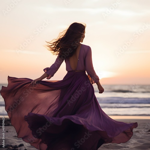 A lila summer dressed brunette stands on the beach, captivated by the breathtaking ocean scenery. Backs turned.