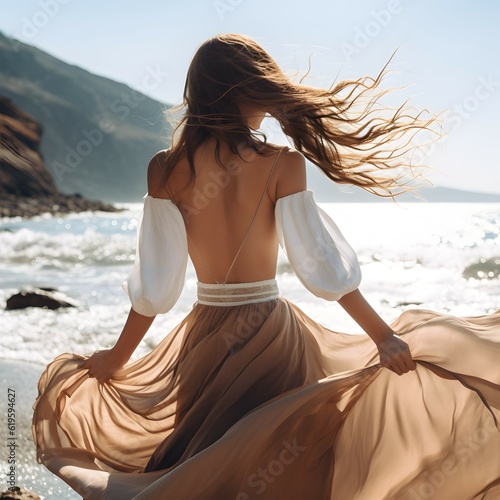 Standing on the beach, a brunette of exquisite beauty, clad in a white summer dress, revels in the panoramic ocean view. Backs turned.