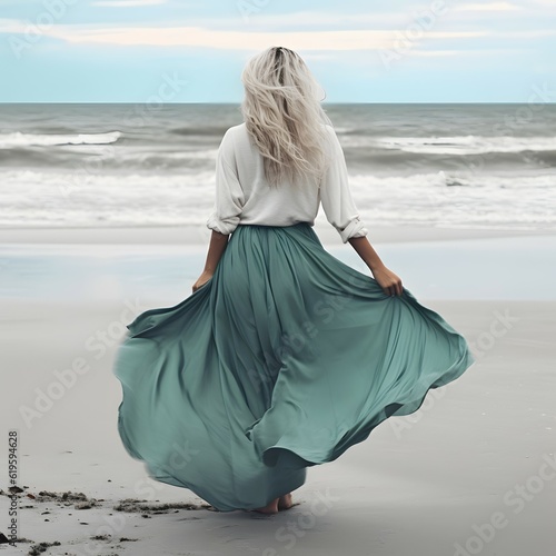 Wunderschöne Blondine im grünen Sommerkleid steht am Strand und genießt den Blick auf das Meer. Rücken zugekehrt.