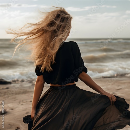 Wunderschöne Blondine im schwarzen Sommerkleid steht am Strand und genießt den Blick auf das Meer. Rücken zugekehrt.