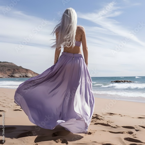 On the beach, a striking blonde stands in a lila summer dress, her graceful figure complementing the beautiful ocean view before her. Backs turned.